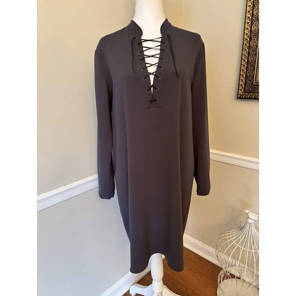 Amanda Uprichard Womens Size M Gray Long Sleeve Shift Dress Lace Up Bodice